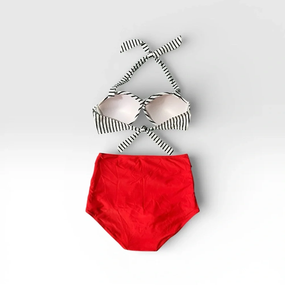 Elegant Black and White Striped Bikini with Red High-Waisted Bottoms - Picture 6 of 6